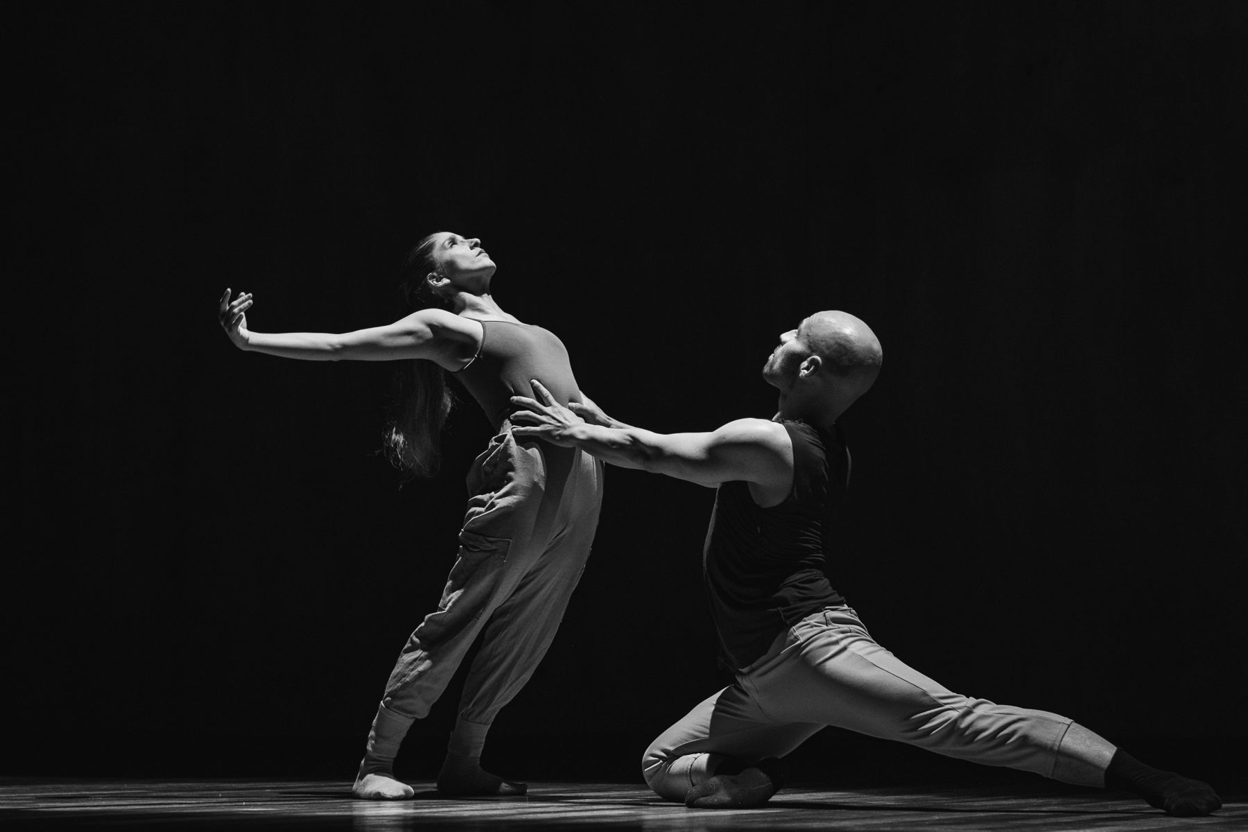 Dupla de bailarinos em um duo sob luz de recorte